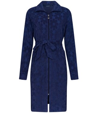 Rebelle nachtblauwe embossed katoen-badstof dames badjas met ritssluiting 'fabulous flower'