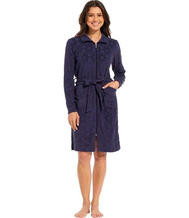 nachtblauwe embossed katoen-badstof dames badjas met ritssluiting 'fabulous flower'