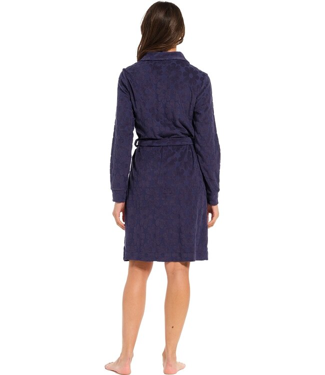 nachtblauwe embossed katoen-badstof dames badjas met ritssluiting 'fabulous flower'