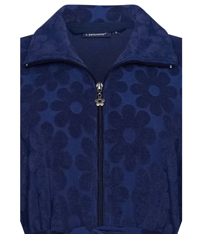 nachtblauwe embossed katoen-badstof dames badjas met ritssluiting 'fabulous flower'