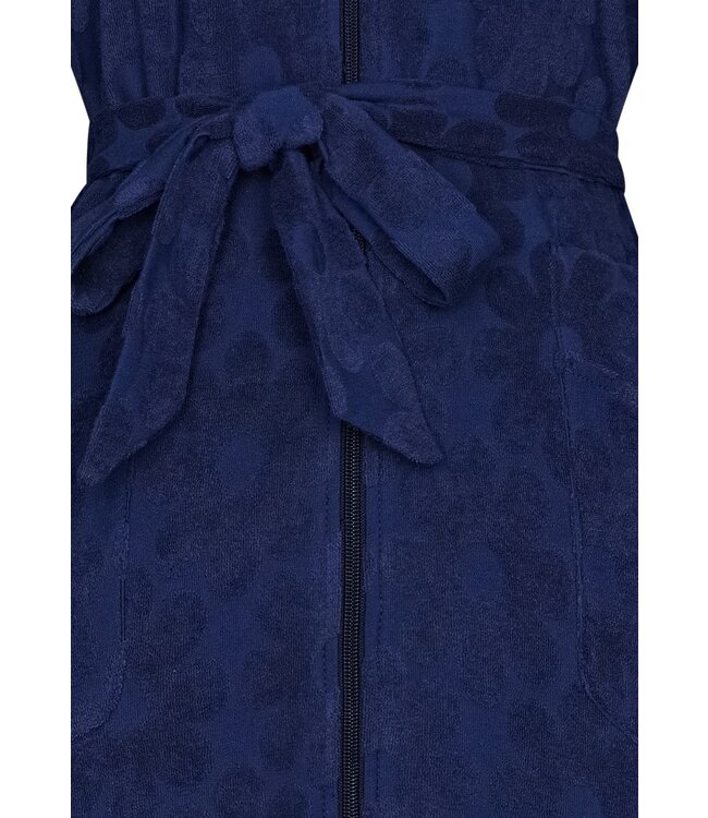 nachtblauwe embossed katoen-badstof dames badjas met ritssluiting 'fabulous flower'