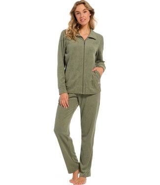 Pastunette olive beauty, embossed badstof dames lounge-homesuit met ritssluiting 'abstract daisy flower'