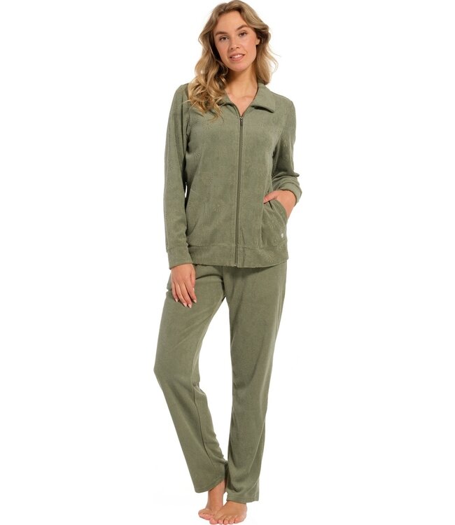 Pastunette olive beauty, embossed badstof dames lounge-homesuit met ritssluiting 'abstract daisy flower'