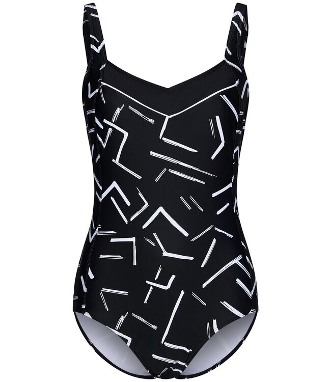 Pastunette Beach black soft cup swimming costume with adjustable straps 'monochrome dashes'