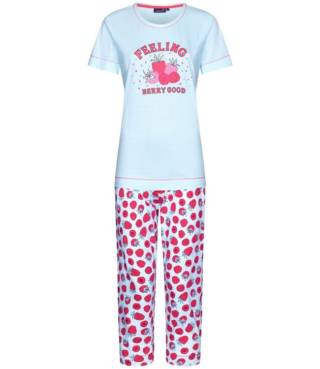 Rebelle ladies stripey short sleeve cotton single jersey 3/4 pyjama set 'sweet raspberry'