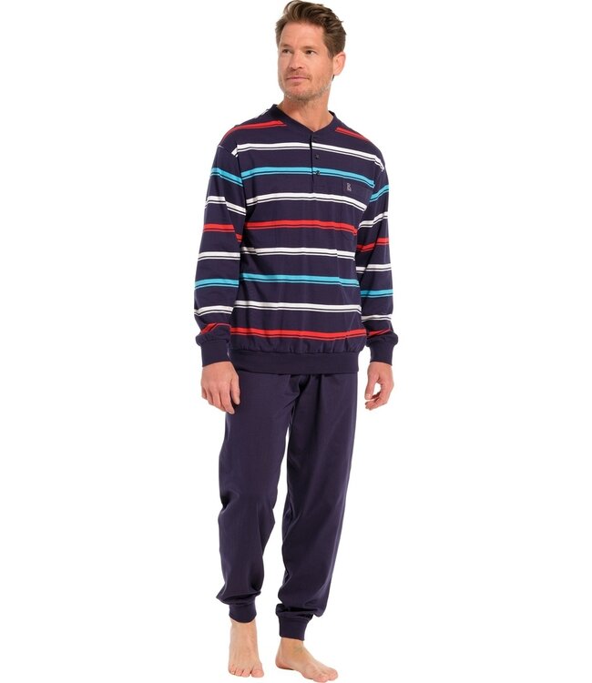 katoenen herenpyjama met lange mouwen en knopen 'bright stripes'