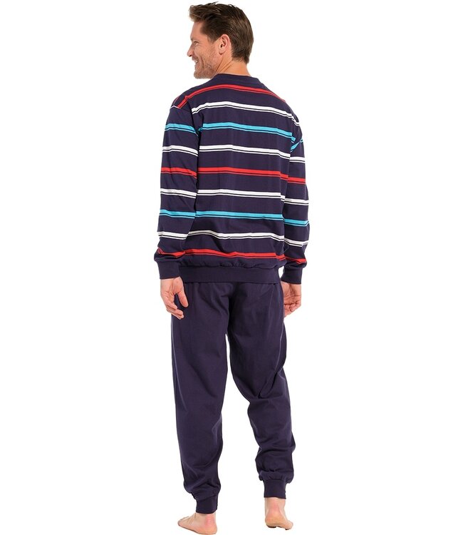 men's long sleeve cotton single jersey pyjama set with buttons 'bright stripes'