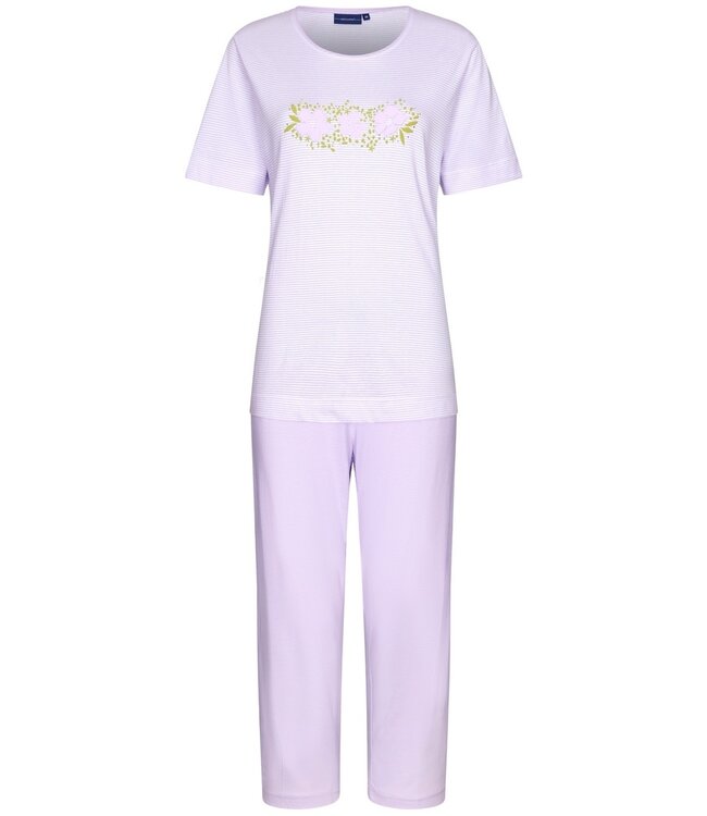 Pastunette ladies short sleeve cotton 3/4 pyjama 'flowery lilac stripes'