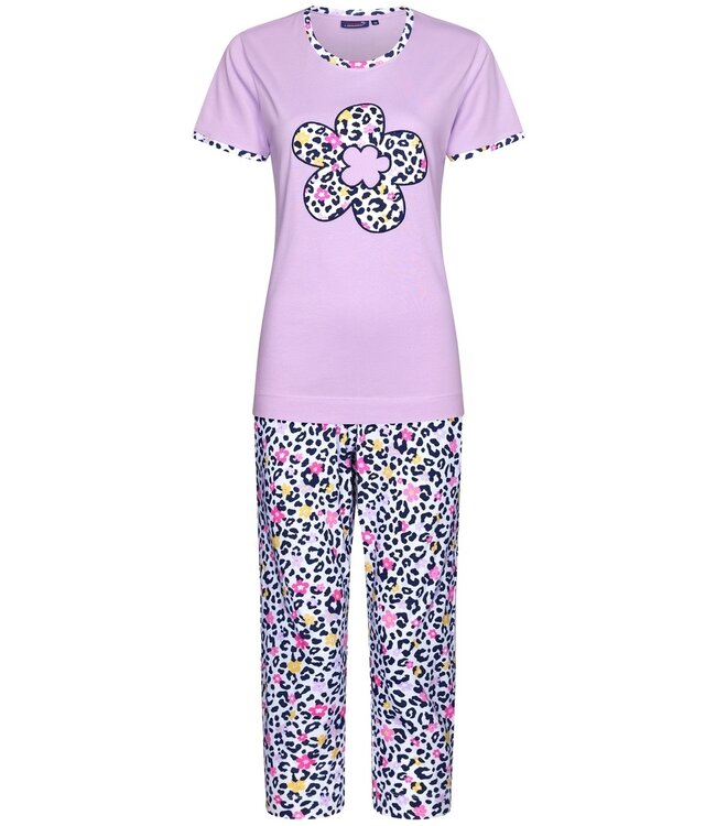 ladies short sleeve organic cotton lilac summer 3/4 pyjama set 'hidden chic flower'