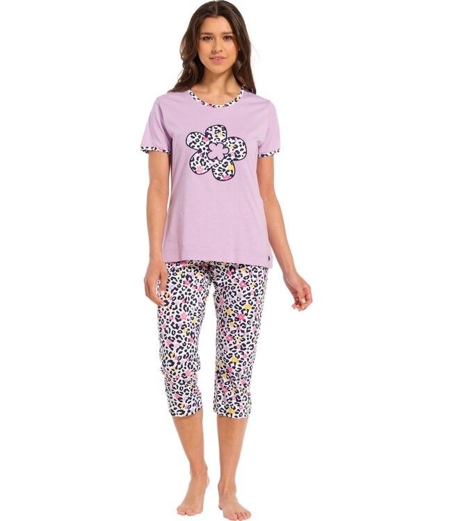 ladies short sleeve organic cotton lilac summer 3/4 pyjama set 'hidden chic flower'