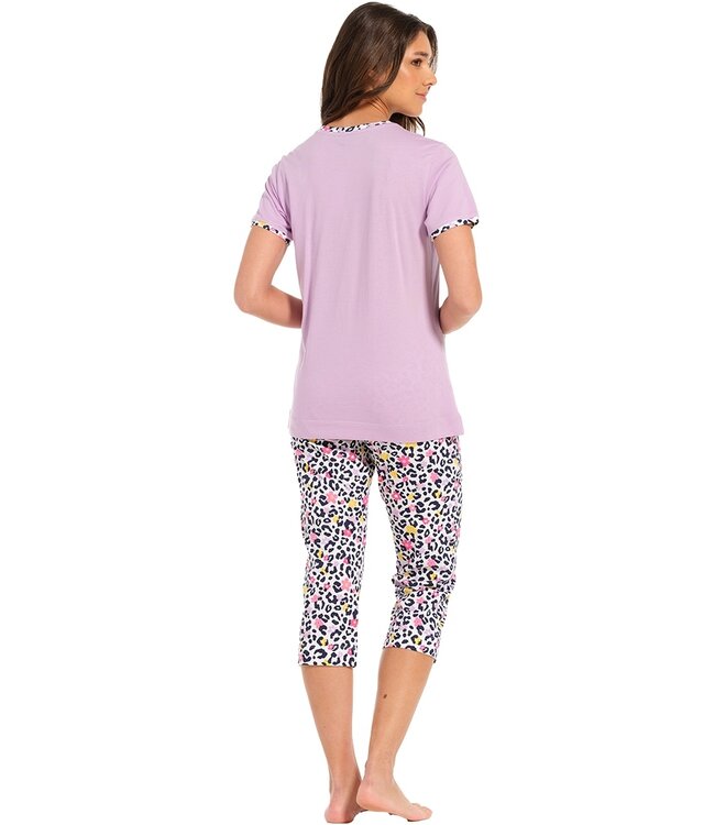 zomerse dames pyjamaset van biologisch katoen met korte mouwen en capribroek 'hidden chic flower'