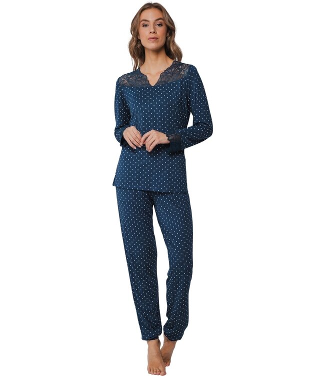 Pastunette Premium luxury blue modal-mix long sleeve pyjama 'dewdrops & lace'