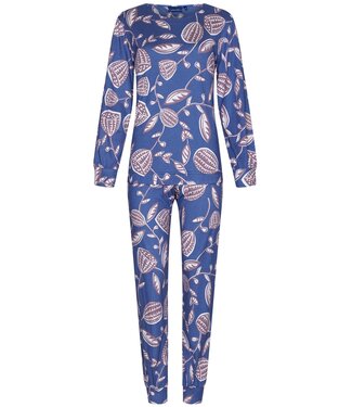 Pastunette Pastunette Blauwe katoen-modal pyjama met lange mouwen en manchetten 'funky floral'