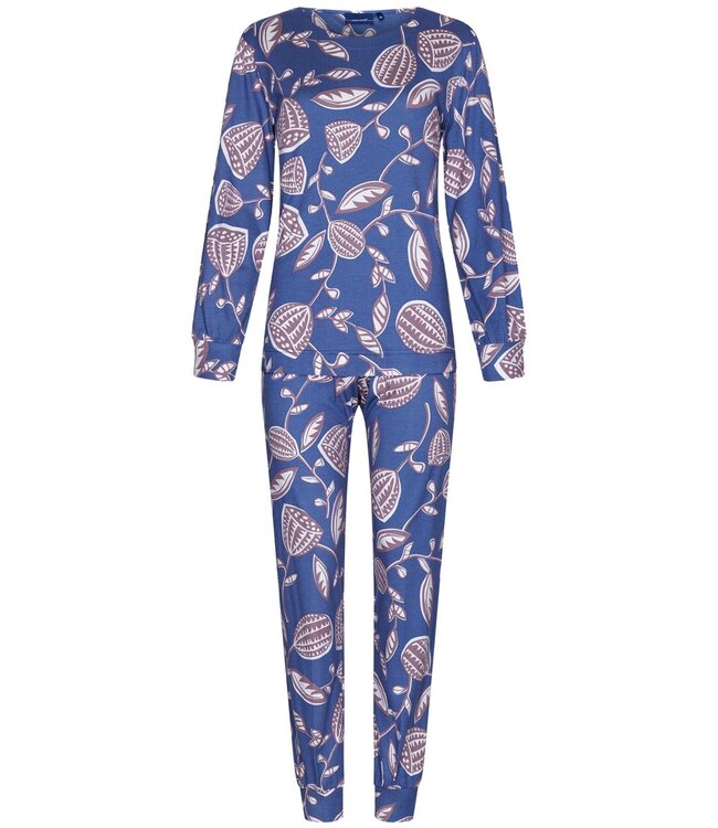 Pastunette Pastunette Blauwe katoen-modal pyjama met lange mouwen en manchetten 'funky floral'