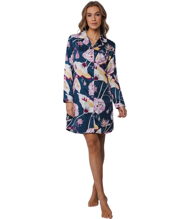 Pastunette Premium long sleeve full button cotton satin mix nightdress 'flower bloom'