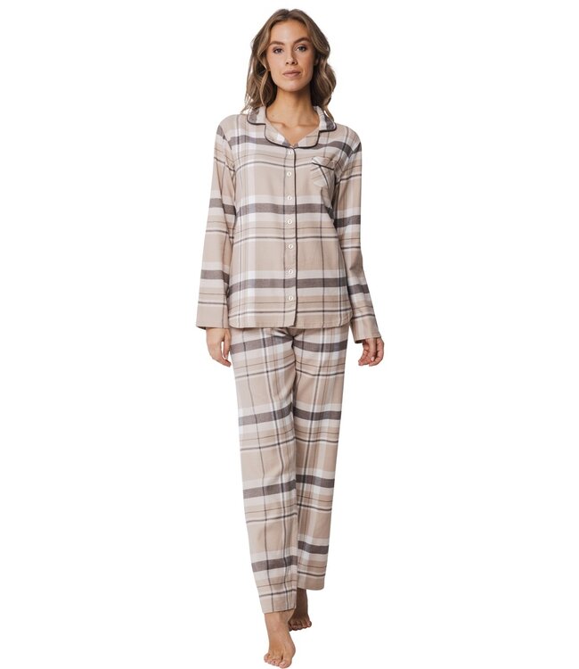 Pastunette ladies cotton flannel full button pyjama 'sweet beige checks'