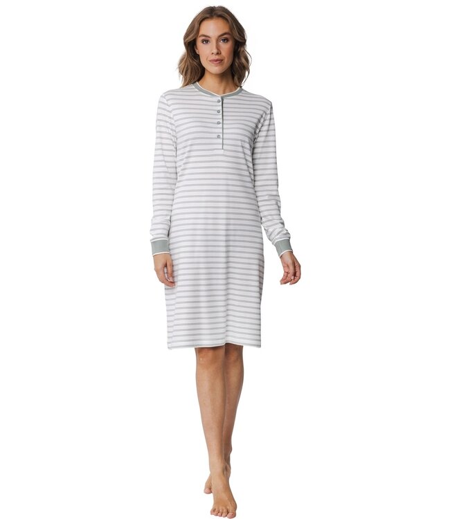 Pastunette ladies sage green cotton nightdress with buttons 'horizonontal stripes'