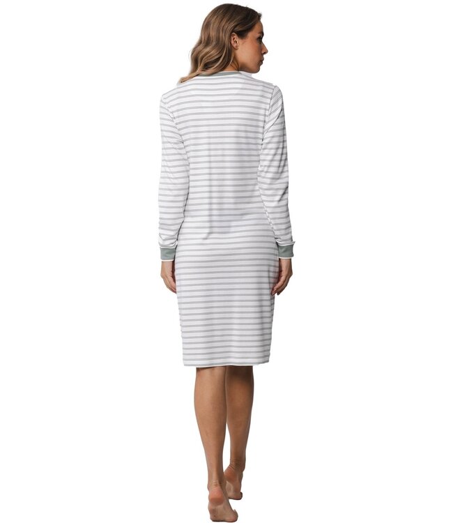 Pastunette ladies sage green cotton nightdress with buttons 'horizonontal stripes'