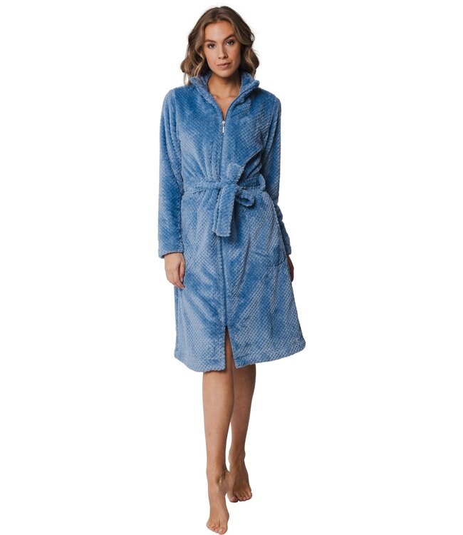 Pastunette ladies soft fleece blue morninggown with zip 'pretty bobble'