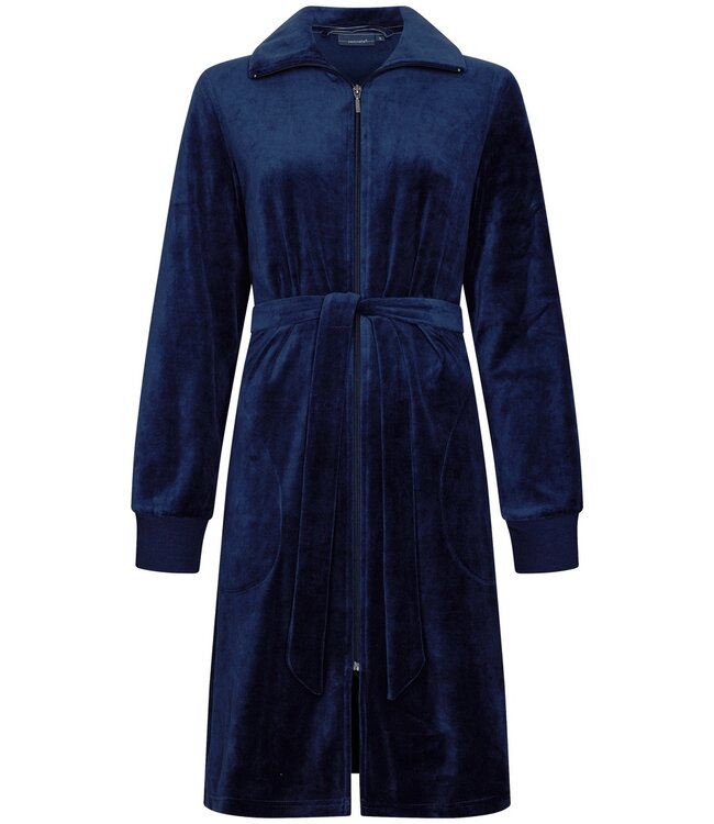 Pastunette blauw velours, luxe dames ochtendjas met ritssluiting 'blue beauty'