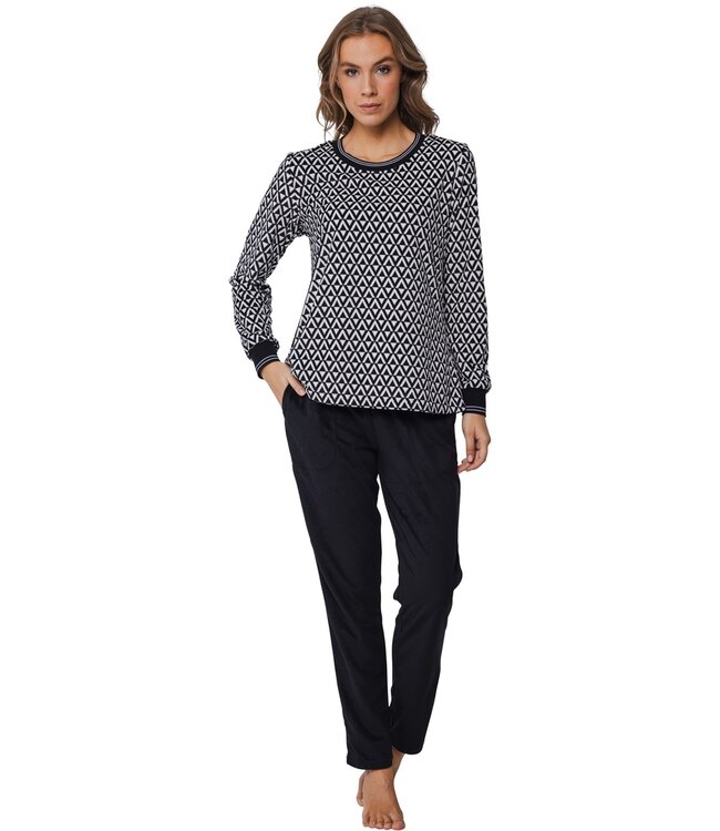 Pastunette Premium ladies luxury warm polar fleece home lounge set 'monochrome diamonds'