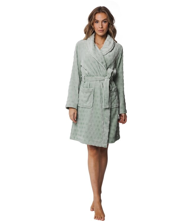 Pastunette zachte flanel-fleece groene overslag ochtendjas 'dotty circles'