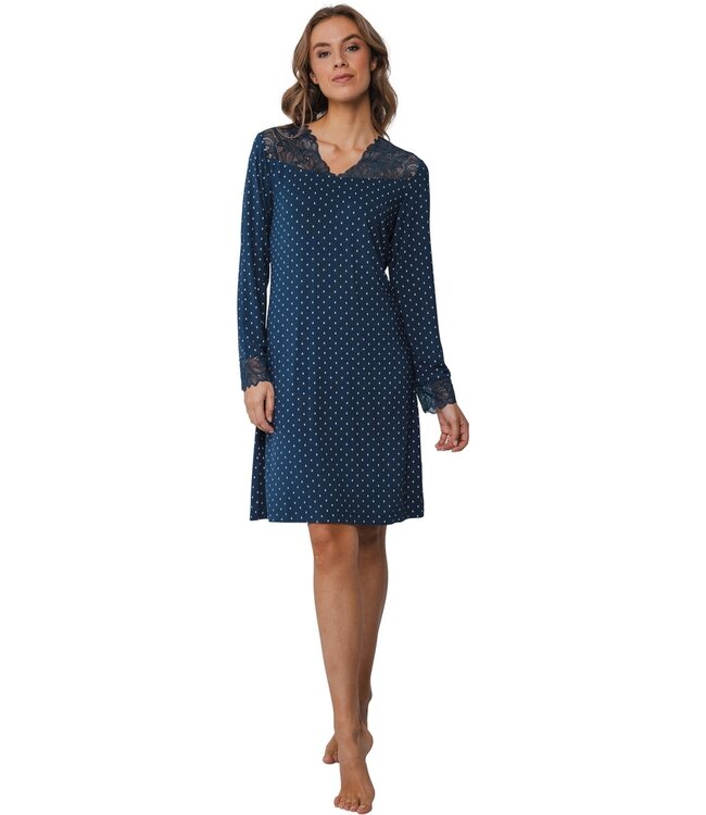 Pastunette Premium luxury blue modal-mix long sleeve nightdress 'dewdrops & lace'