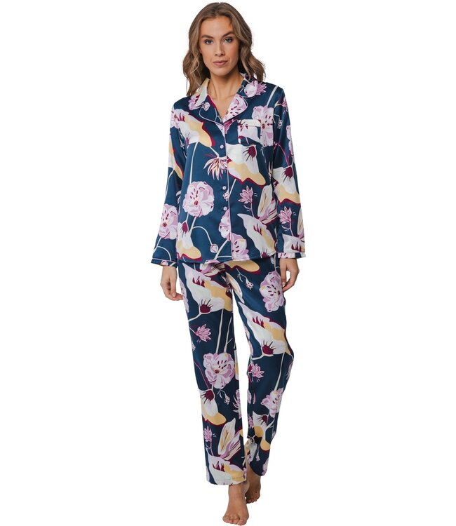 Pastunette Premium katoen-satijn mix doorknoop pyjama met lange mouwen 'flower bloom'