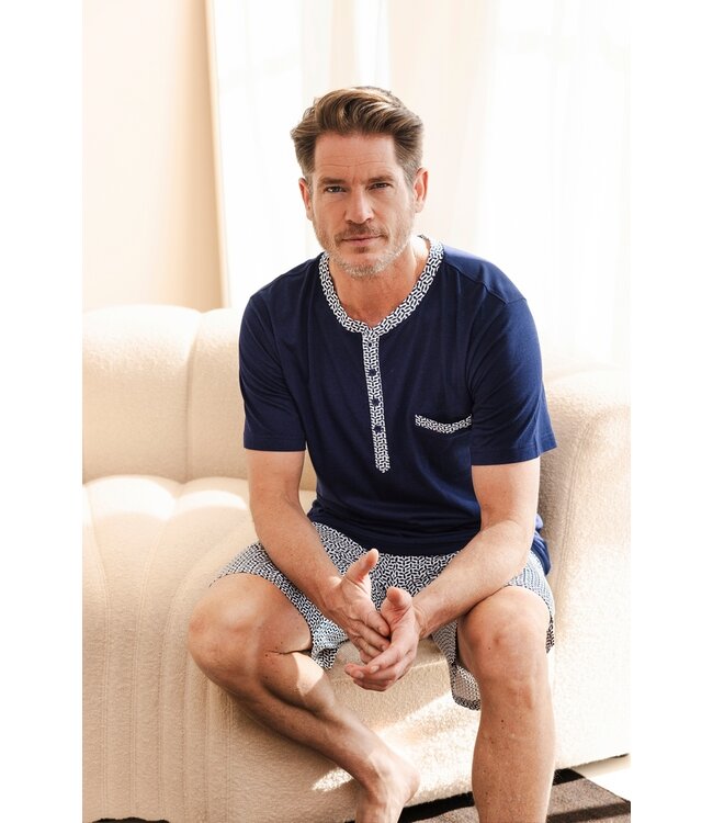 men's cotton-modal shorty set with buttons 'geometric blue'