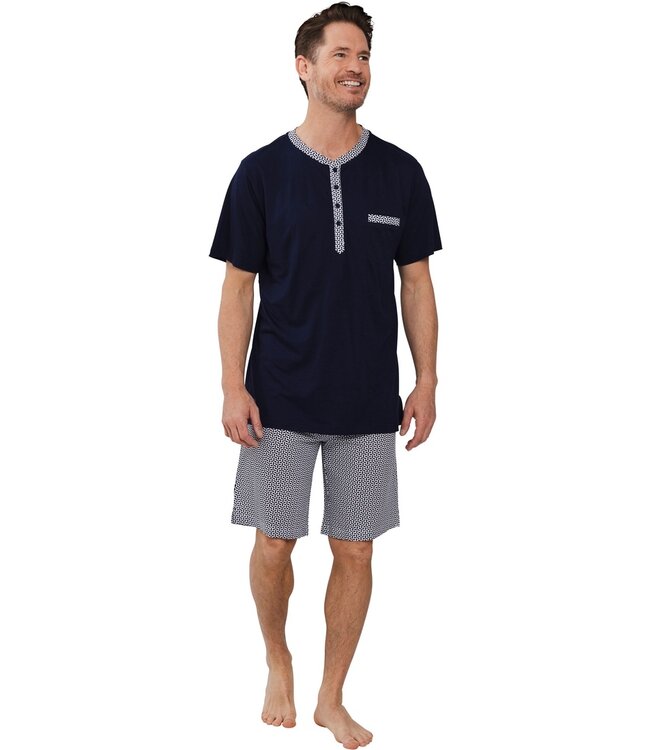 katoen-modal heren shorty set met knopen 'geometric blue'