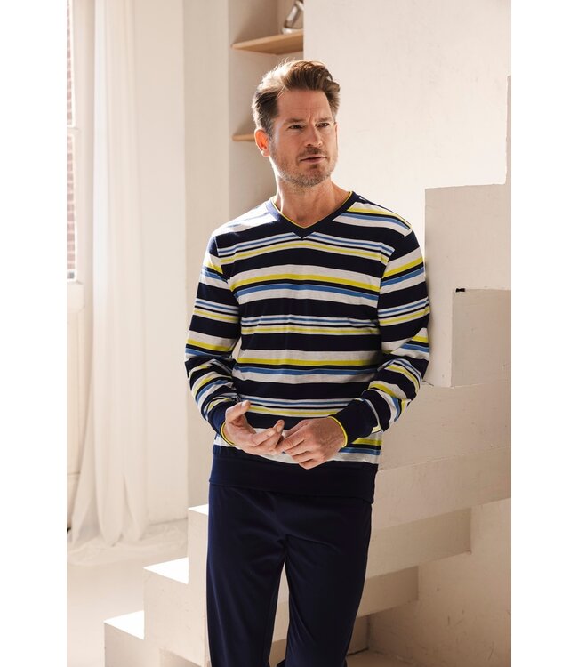 men's 'v 'neck pyjama set with cuffs 'bright stripes'