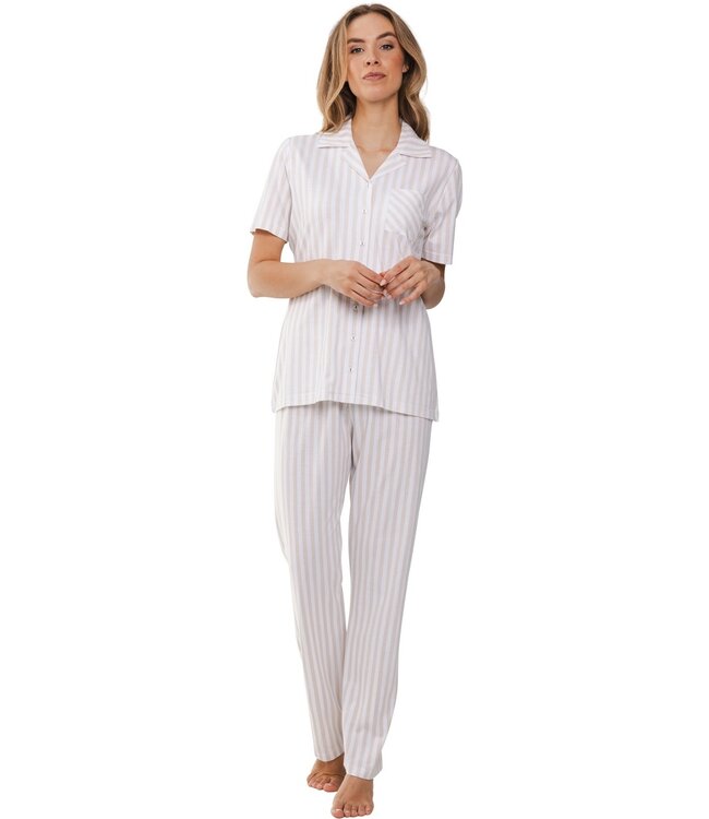 full button short sleeve cotton pyjama 'beige stripes'