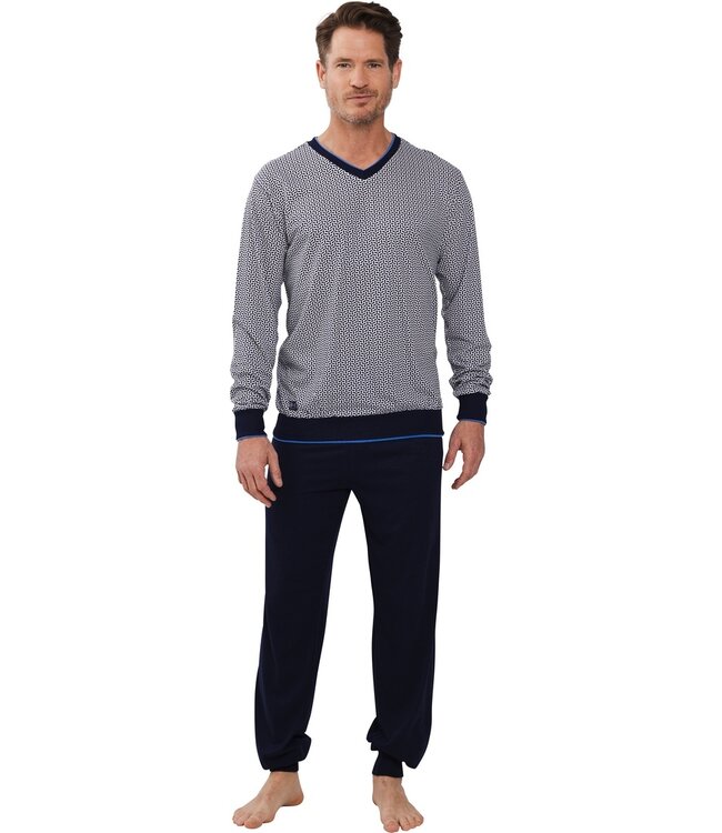 men's  'v' neck cotton-modal pyjama set with cuffs 'geometric blue'