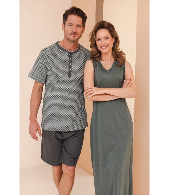 katoenen, groene heren shortama set met knoopjes 'boomerang squares'