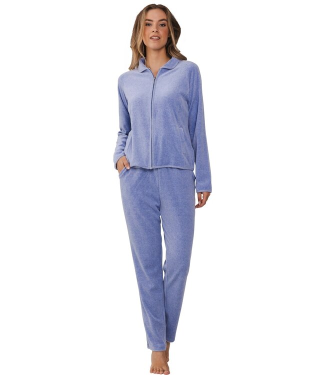 luxe lichtblauw velours huispak-loungepak met ritssluiting 'home comfort'