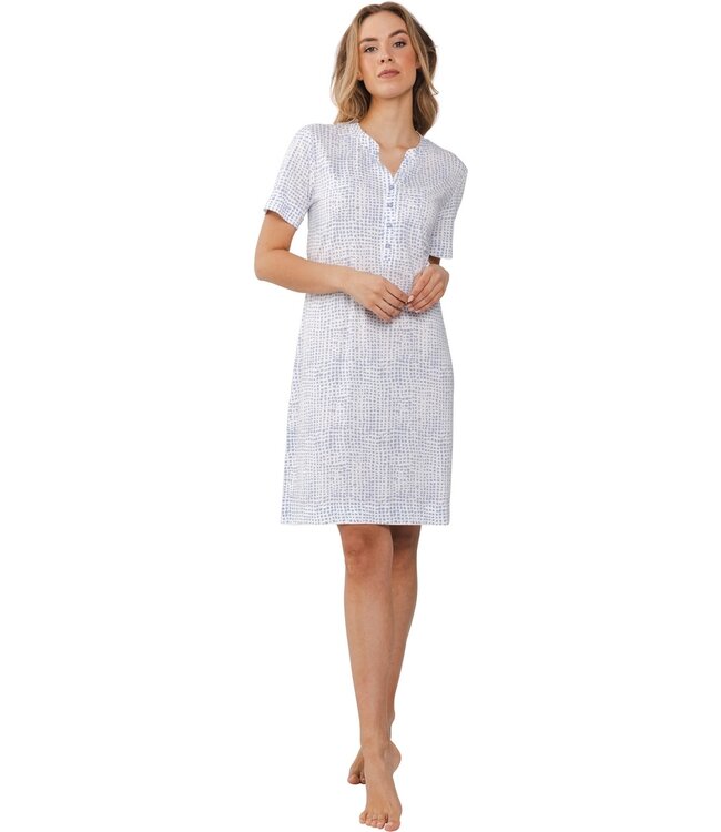 Katoen-modal nachthemd met korte mouwen en knoopjes 'soft squares'