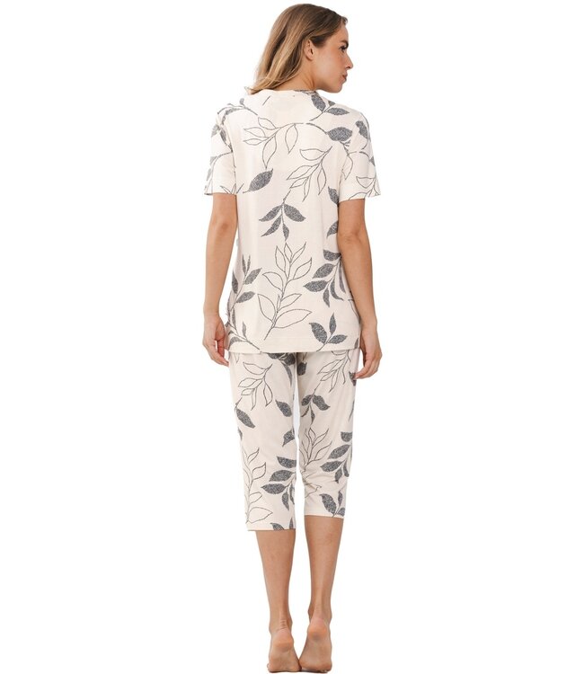 luxe damespyjama met korte mouwen en 3/4e broek 'dotted leafs'