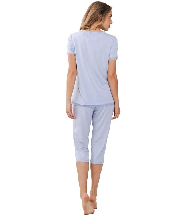 gestreepte damespyjama met driekwart broek en korte mouwen 'lacey blue'