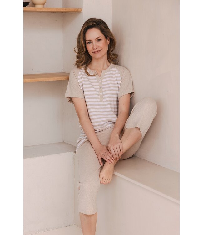 ladies cotton pyjama set with buttons 'stripey beige'