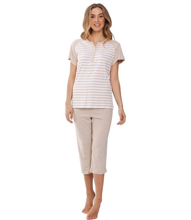 ladies cotton pyjama set with buttons 'stripey beige'
