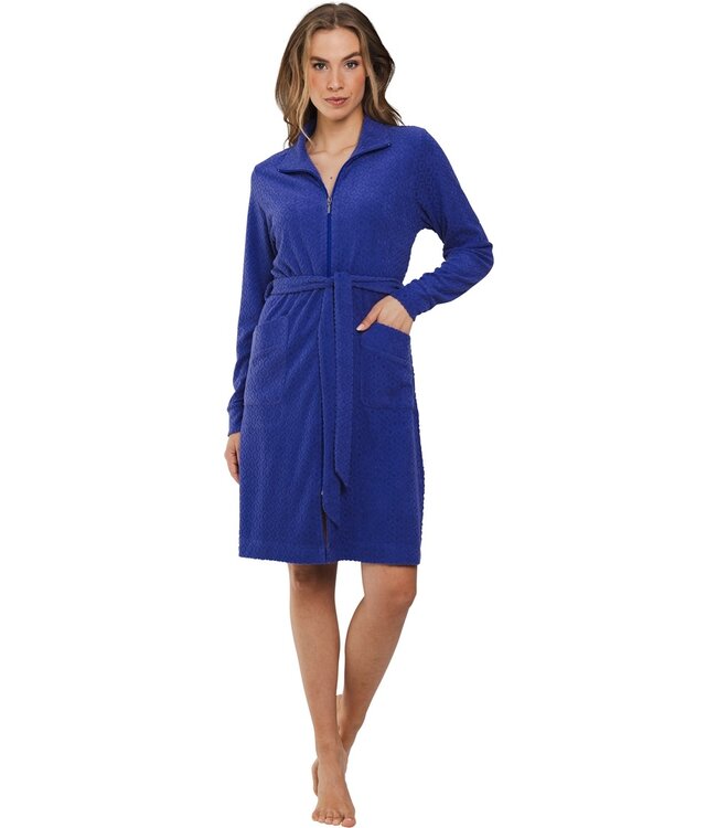 ladies embossed terry morninggown with full zip 'blue dewdrop'