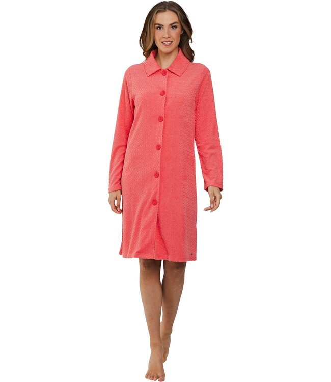 ladies embossed terry morninggown with full zip 'coral dewdrop'