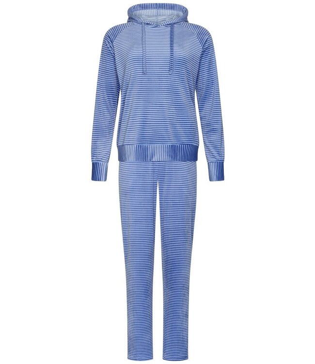 Velours lounge-huispak met capuchon 'cool blue stripes'