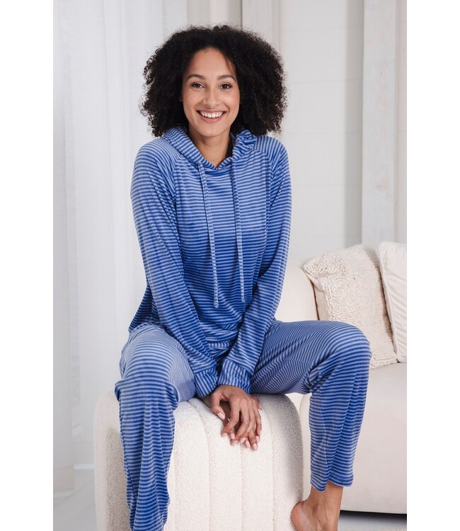 velvet home lounge suit with hood 'cool blue stripes'