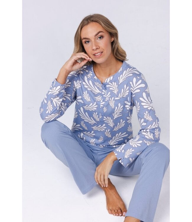 Dames pyjama met knoopjes van katoen interlock ‘lovely leafs’