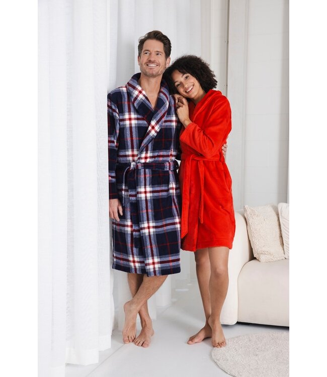 men's warm coral fleece wrap-over robe 'trendy checks'
