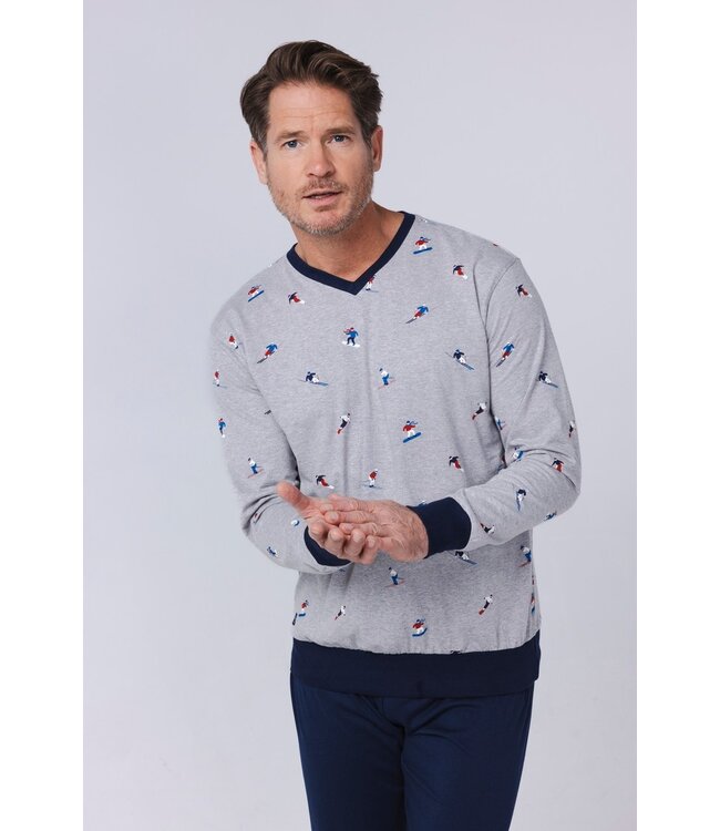 Heren pyjamaset van katoen-polyester-mix met V-hals 'winter sports'