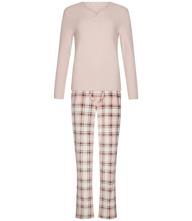 Warme dames pyjama broek met viscose-mix roze top ‘champagne pink check’