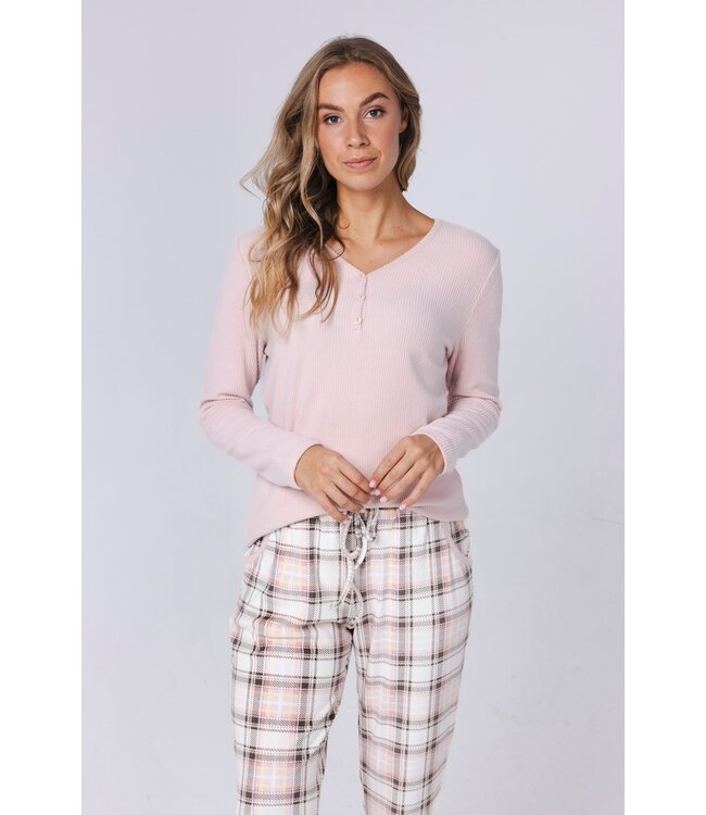 Warme dames pyjama broek met viscose-mix roze top ‘champagne pink check’
