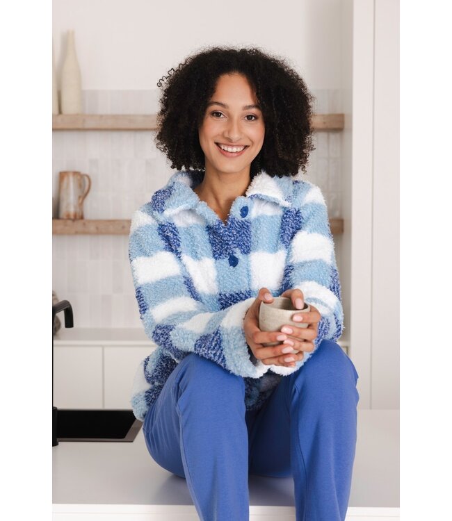 Warme sherpa-fleece lounge-huispak met knopen 'chunky checks'